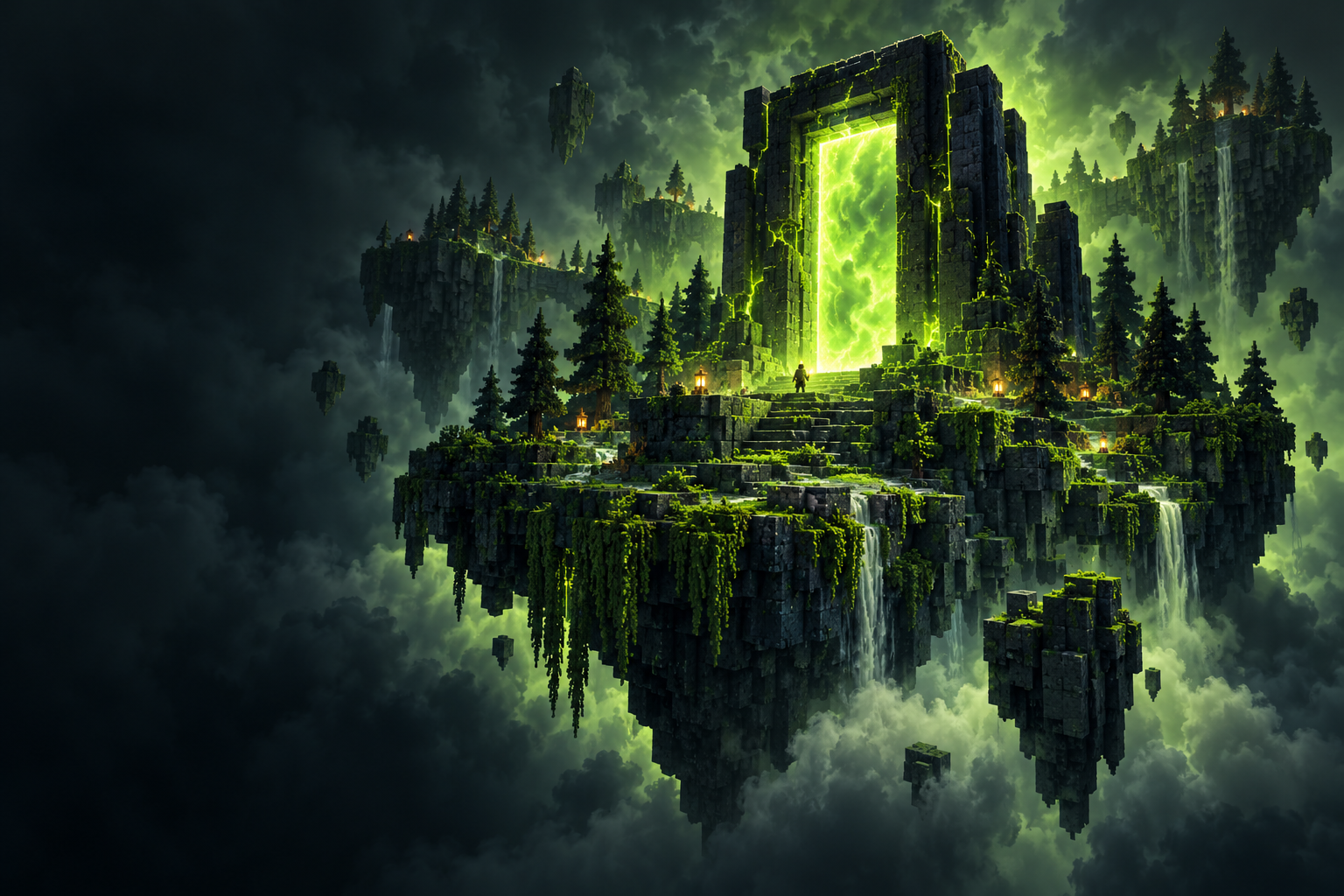 Île voxel et forêt dans la brume, autour d’un portail vert lumineux
